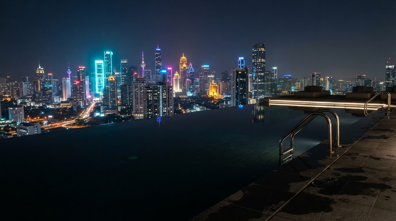 夜景が映るインフィニティプールの縁